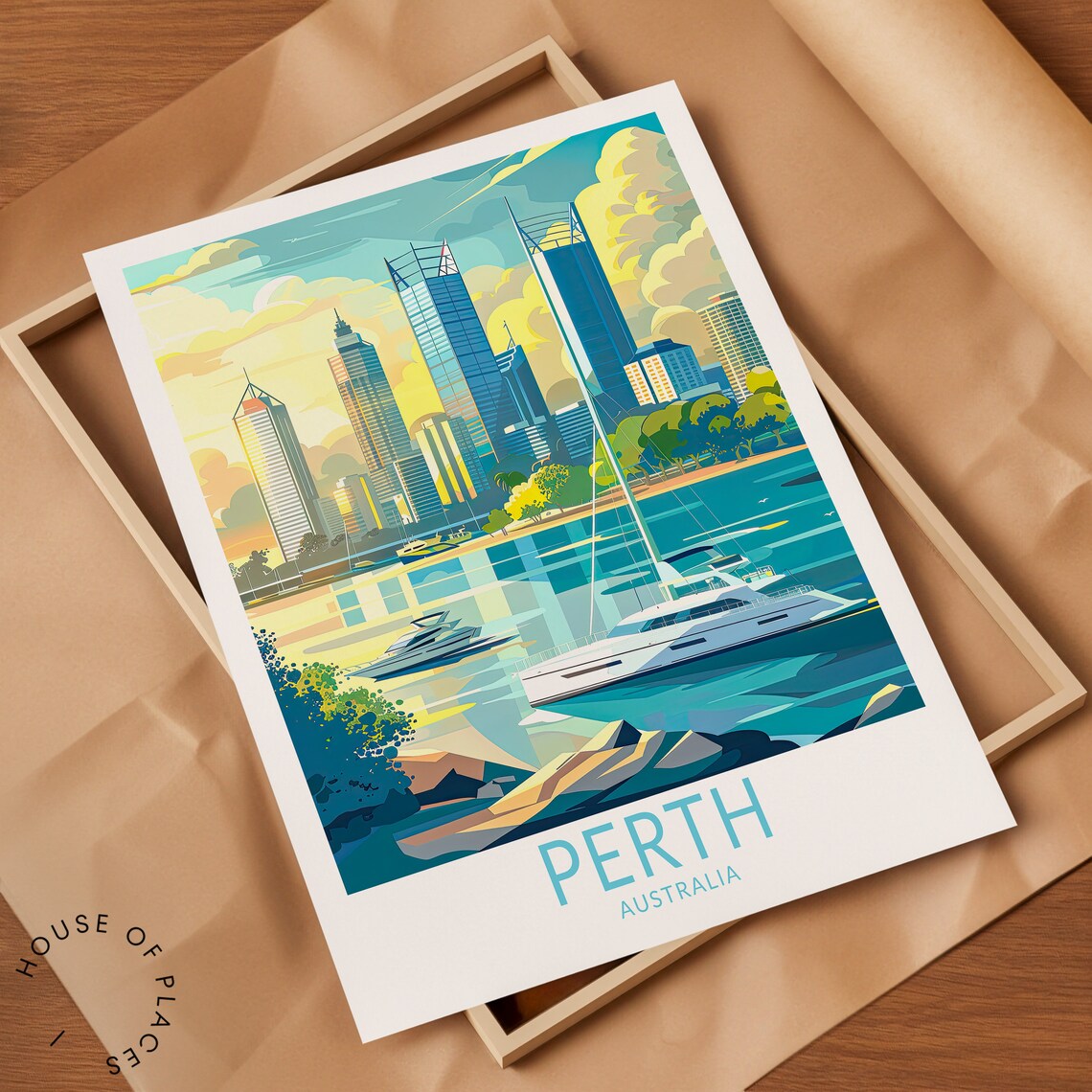 Perth Australia Skyline At Sunset With Boats Vintage Travel Poster - Image 2