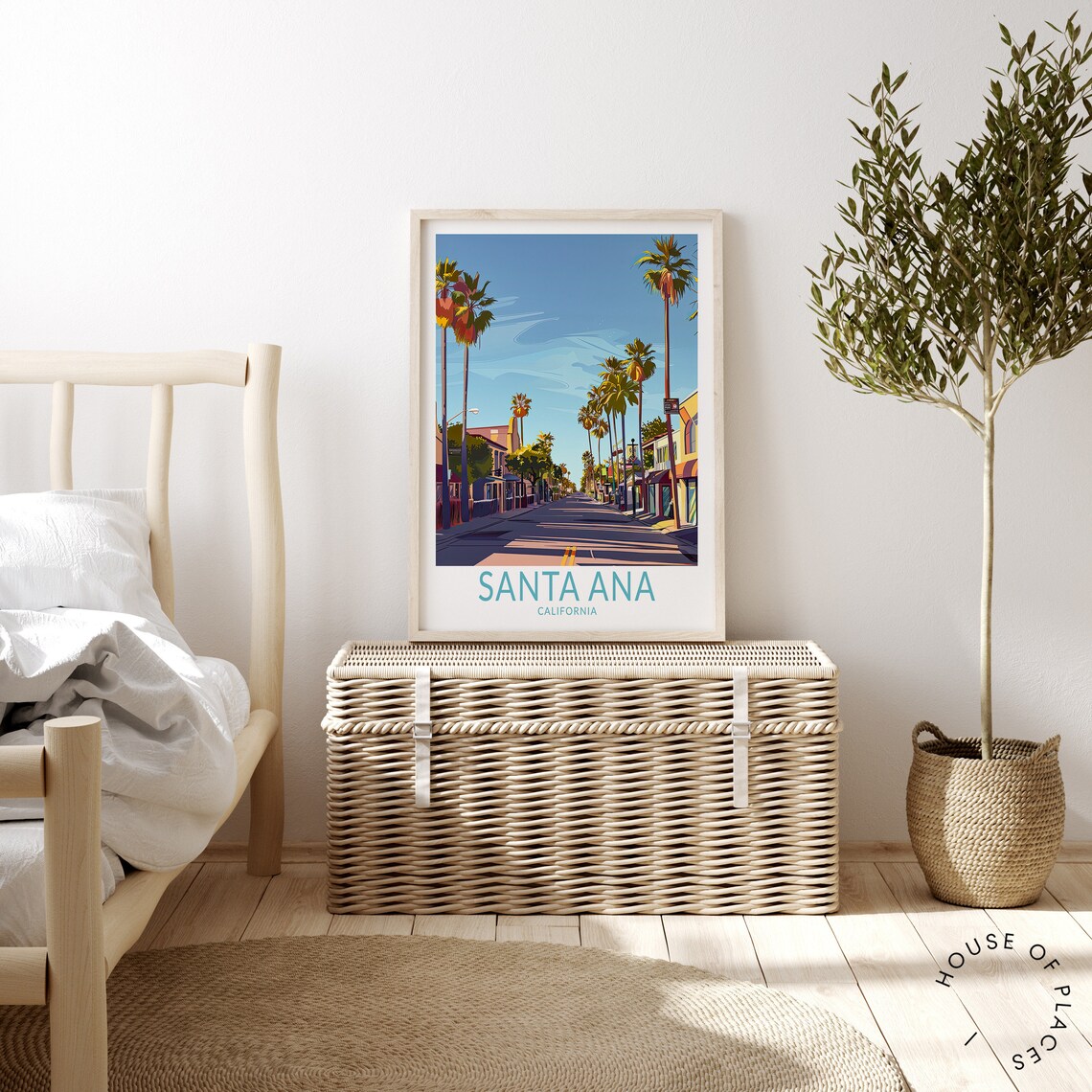 Santa Ana California Palm Street Scene Teal Caption Travel Poster - Image 3