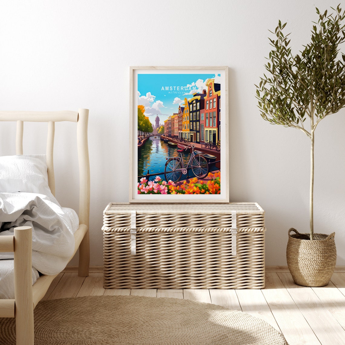 Amsterdam Netherlands Canal Bicycles Travel Illustration Poster - Image 3