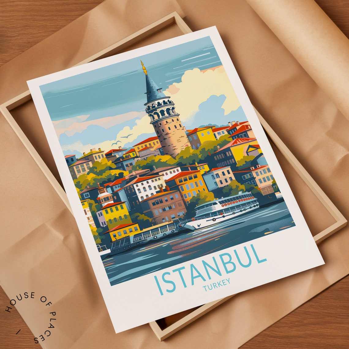 Istanbul Turkey Galata Tower Harbor View Illustrated Travel Poster - Image 2