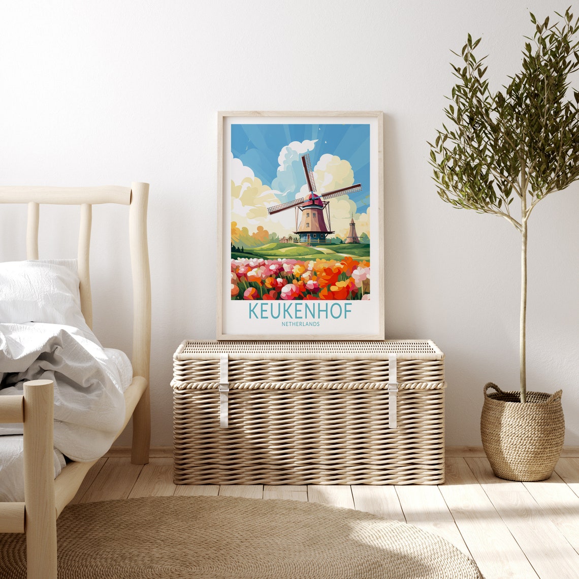 Keukenhof Netherlands Windmill and Tulips Retro Travel Poster - Image 2