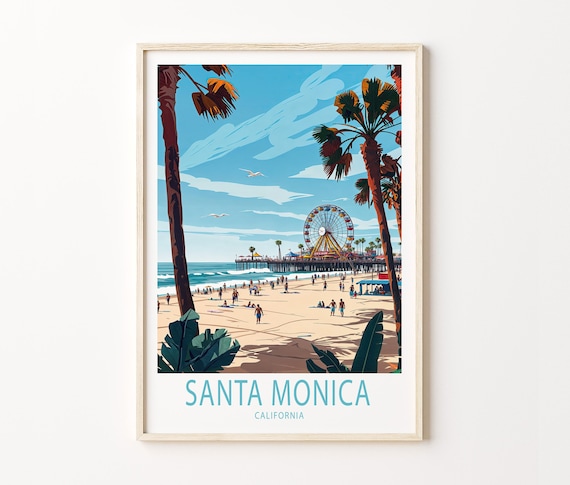 Santa Monica California Travel Poster Pier Ferris Wheel Beach