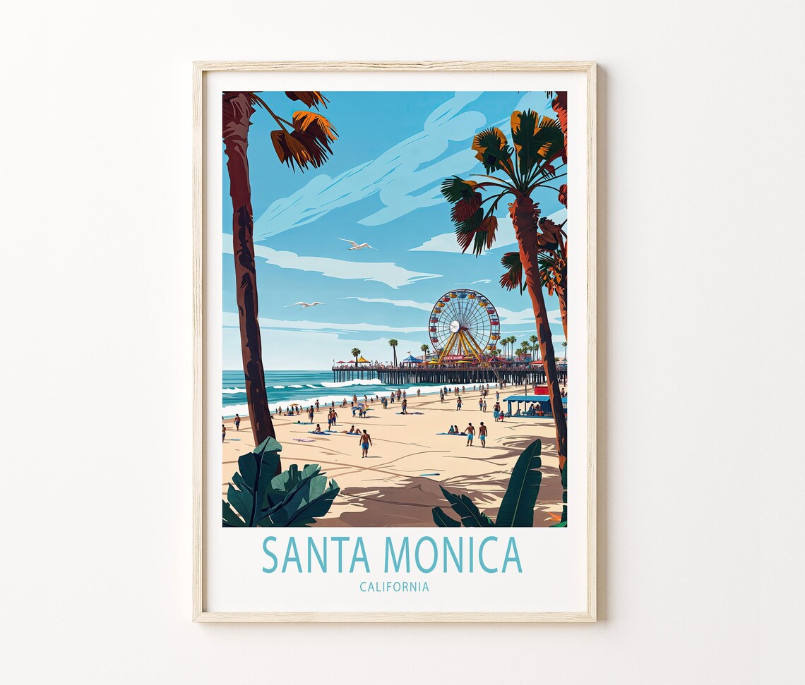 Santa Monica California Travel Poster Pier Ferris Wheel Beach