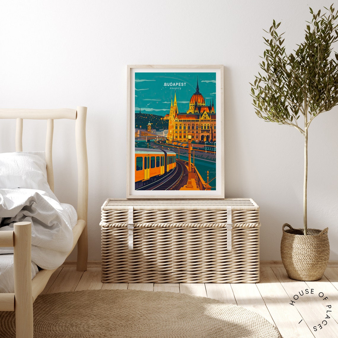 Budapest Hungary Parliament Building Night Vintage Travel Poster - Image 3