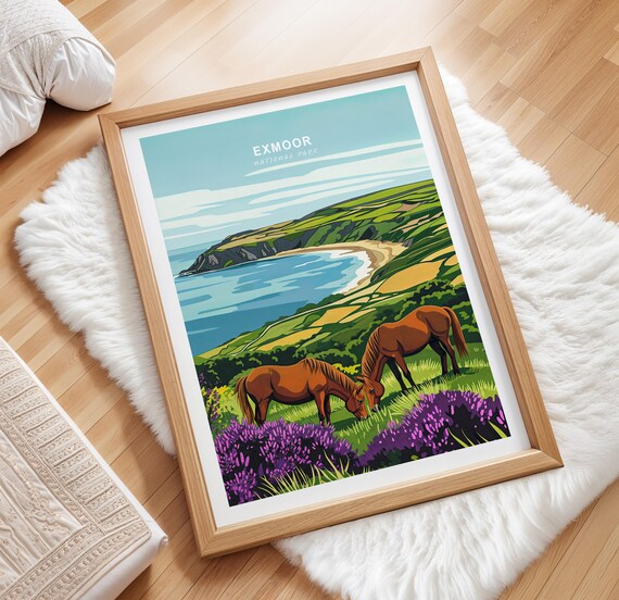 Exmoor National Park England Grazing Ponies and Sea View Poster