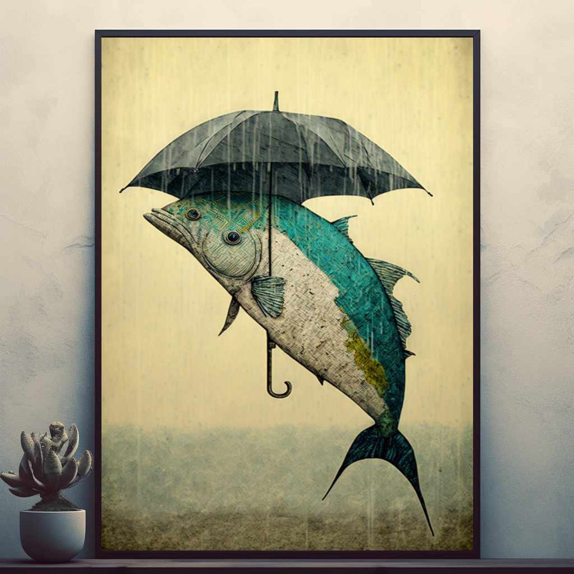 Fish Holding an Umbrella in the Rain Whimsical Animal Poster