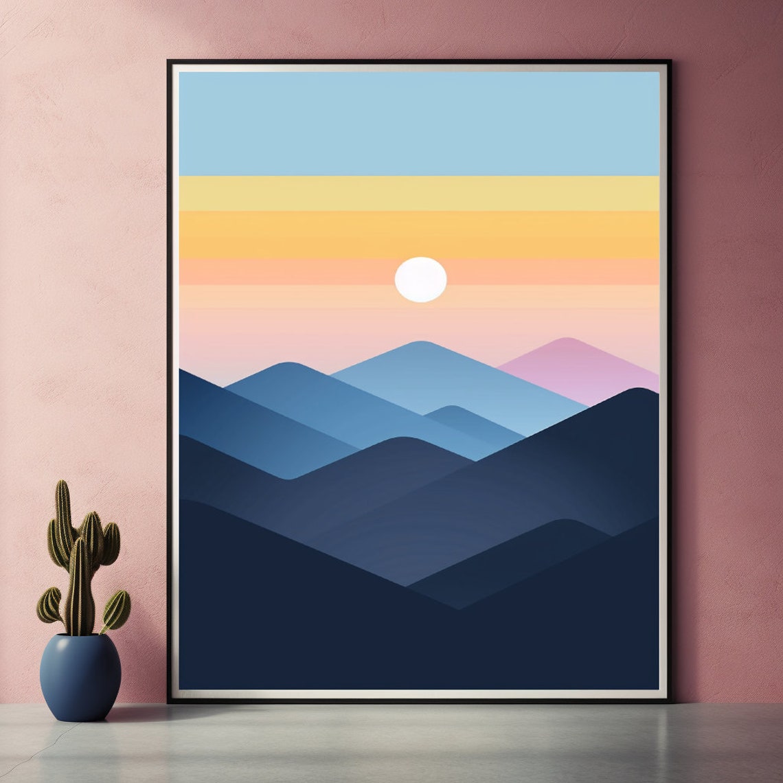 Minimal Geometric Mountain Sunset Layers Modern Abstract Wall Art