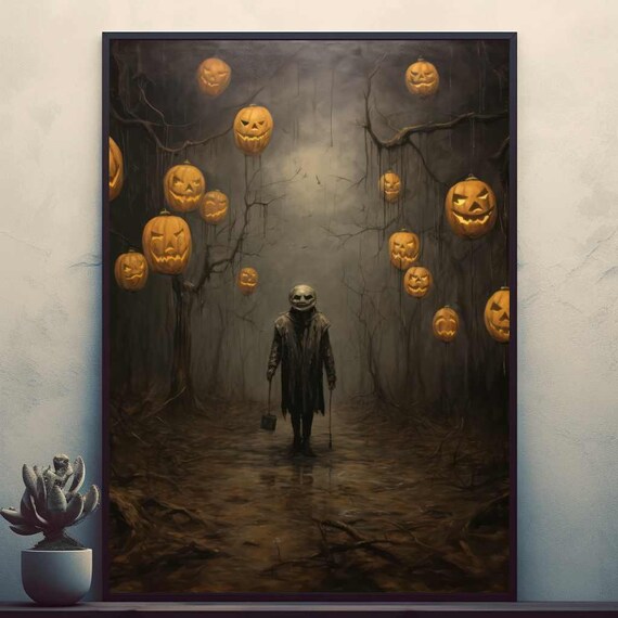 Halloween Pumpkin Head Figure in Forest of Lanterns Poster for Home Decor