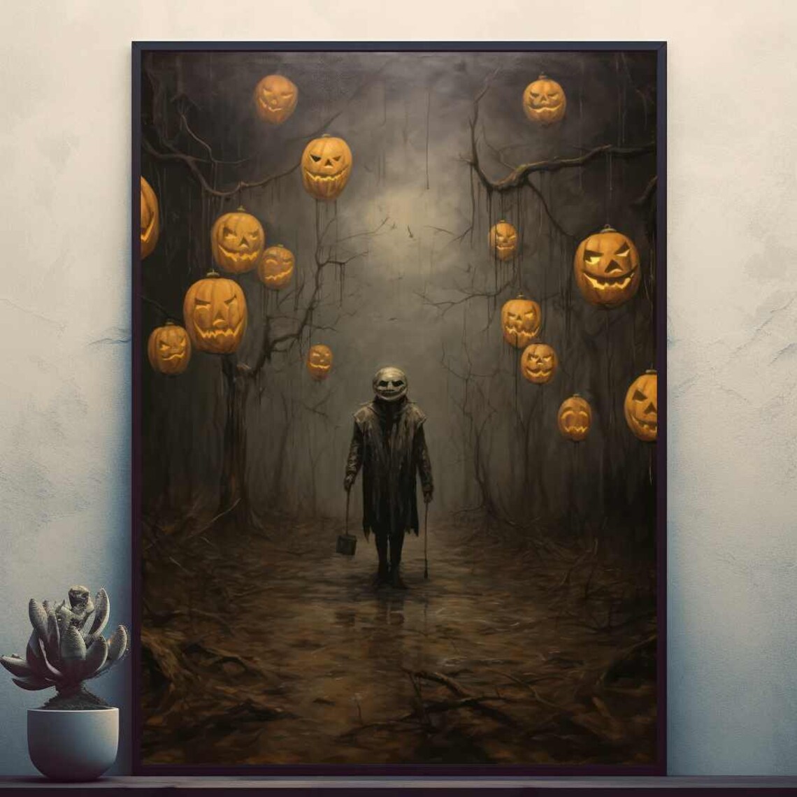 Halloween Pumpkin Head Figure in Forest of Lanterns Poster for Home Decor