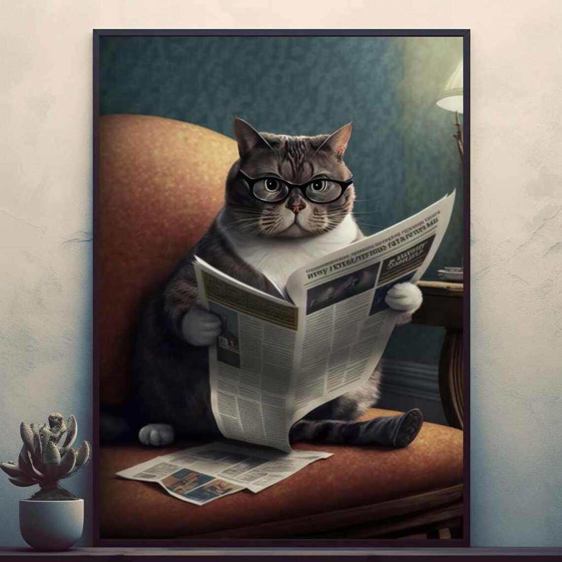 Funny Cat Wearing Glasses Reading Newspaper In Armchair Poster