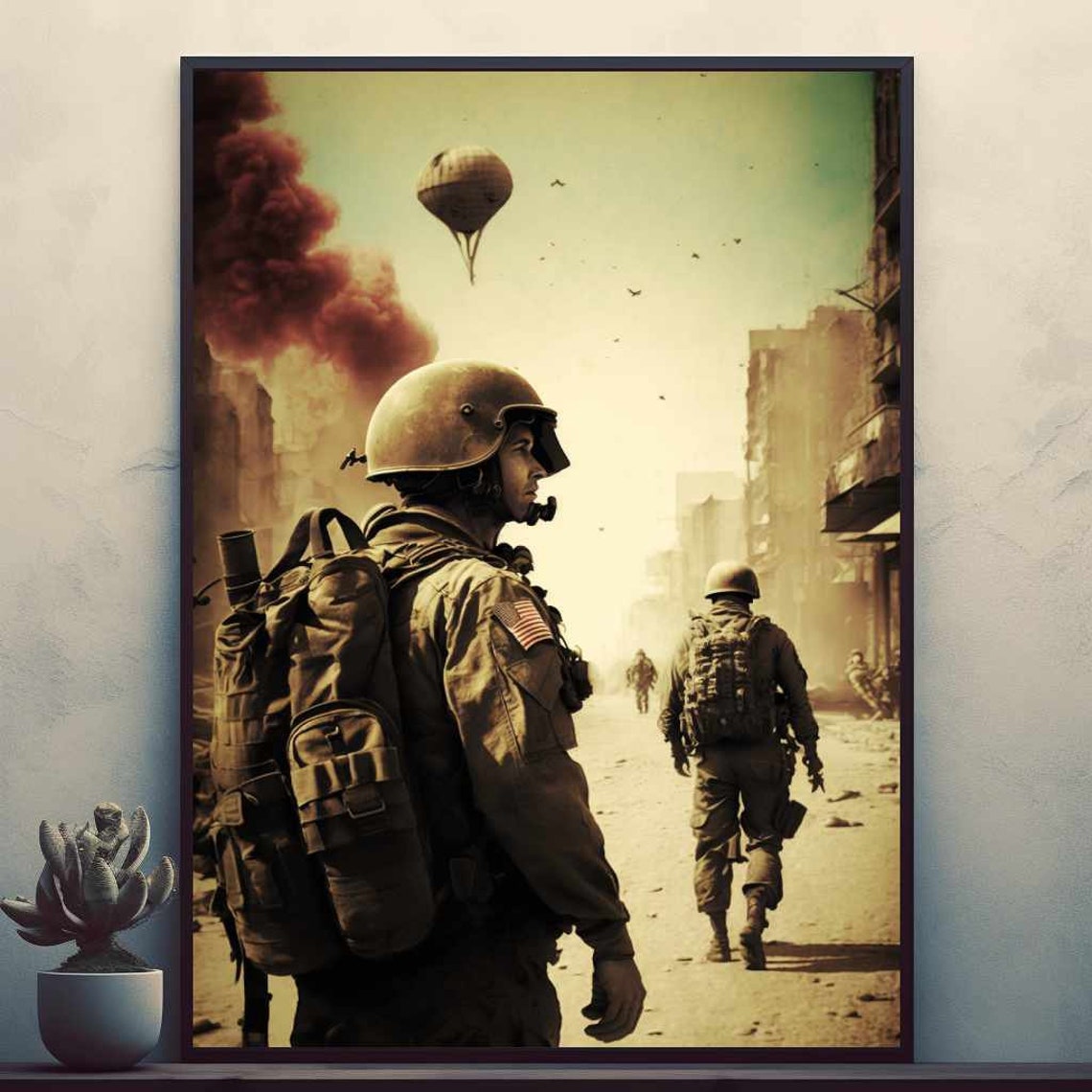 Soldier Walking Through a War-Torn City Street Cinematic Poster