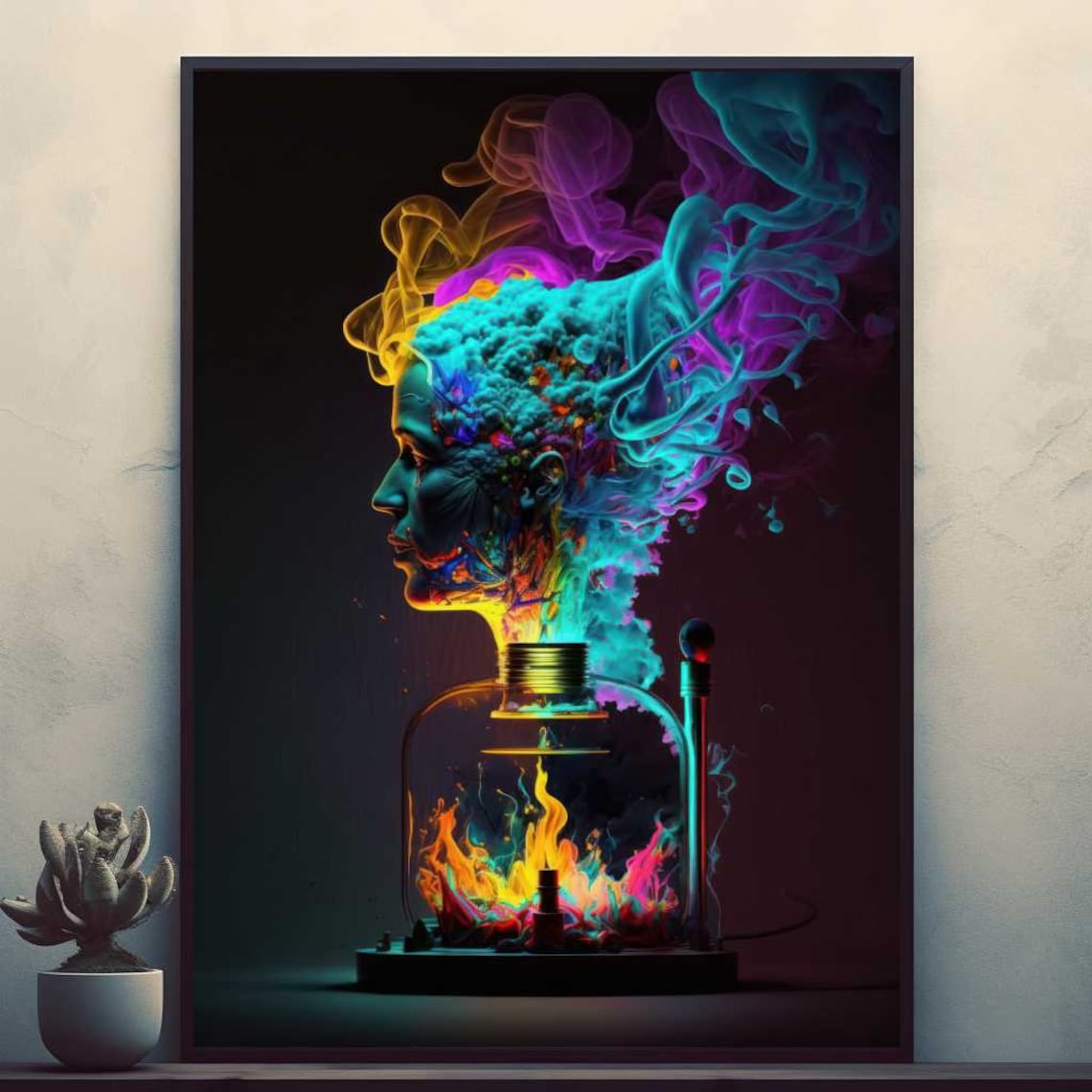 Neon Magic Genie Lamp Colorful Smoke Woman Profile Surreal Poster