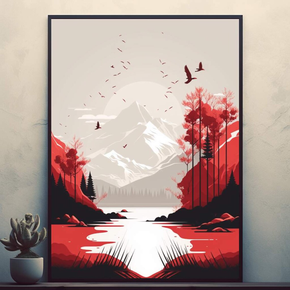 Red and White Japanese Style Mountain Lake Landscape Wall Art