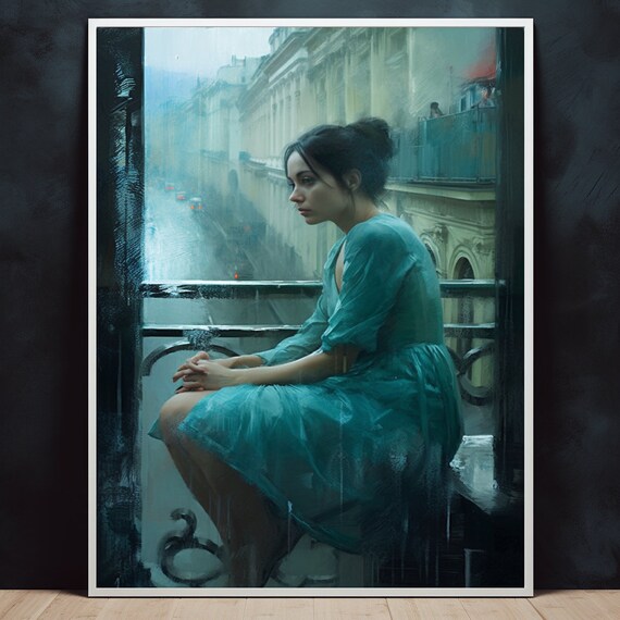 Woman In Teal Dress On Rain Streaked Balcony Over Misty Paris Street Poster
