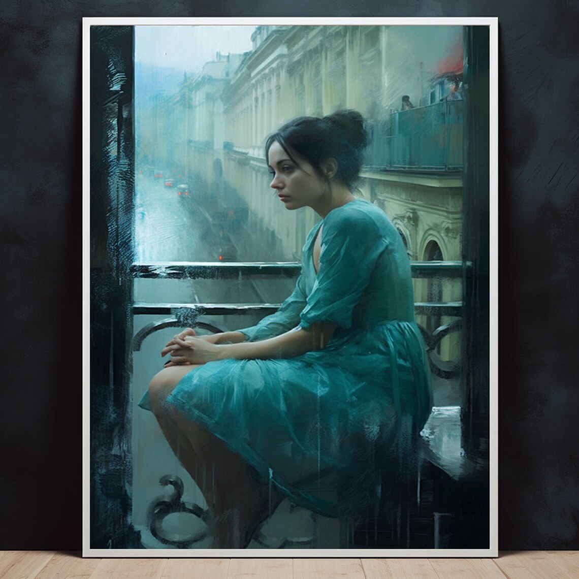 Woman In Teal Dress On Rain Streaked Balcony Over Misty Paris Street Poster
