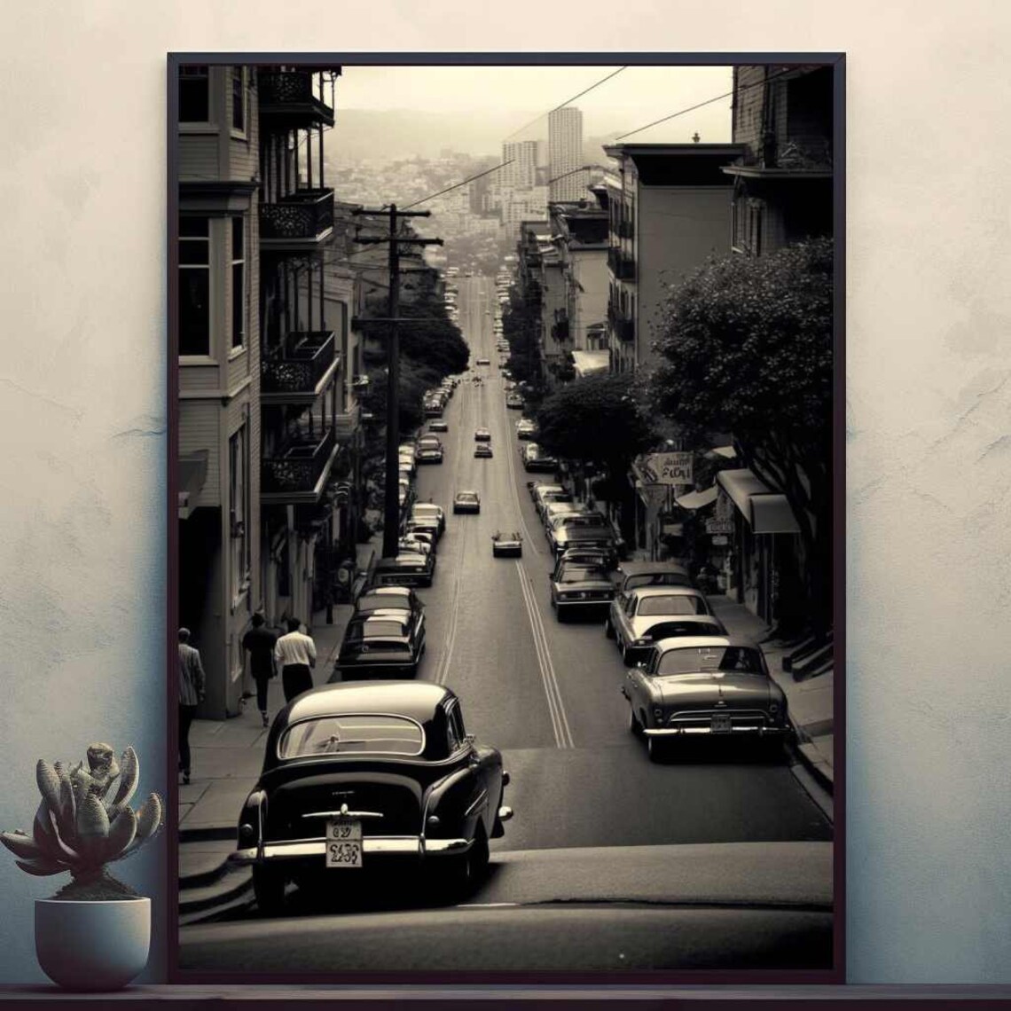San Francisco Steep Street with Vintage Cars Black and White Poster