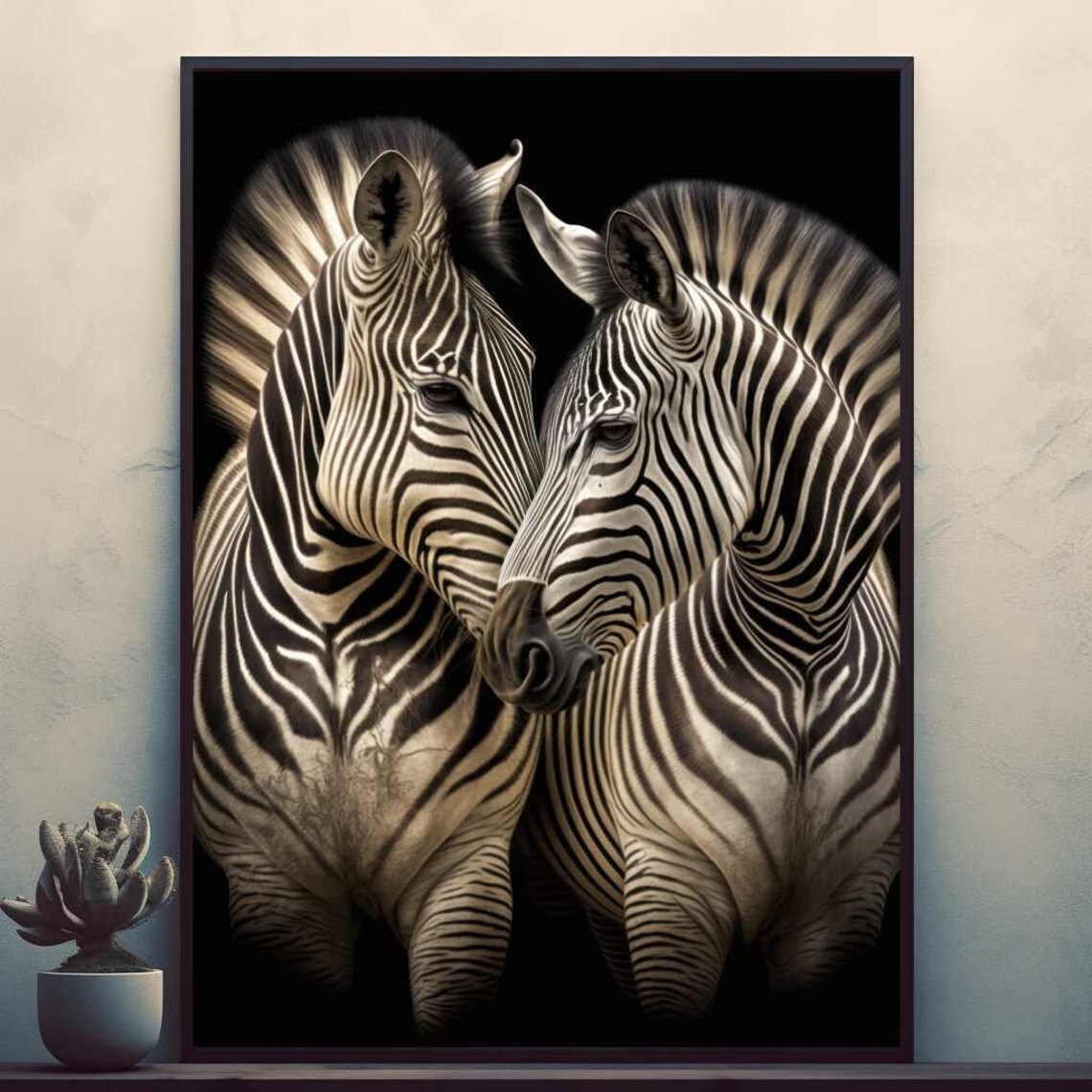Two Zebras Pressing Heads Together In Tender Symmetry On Black Wildlife Poster