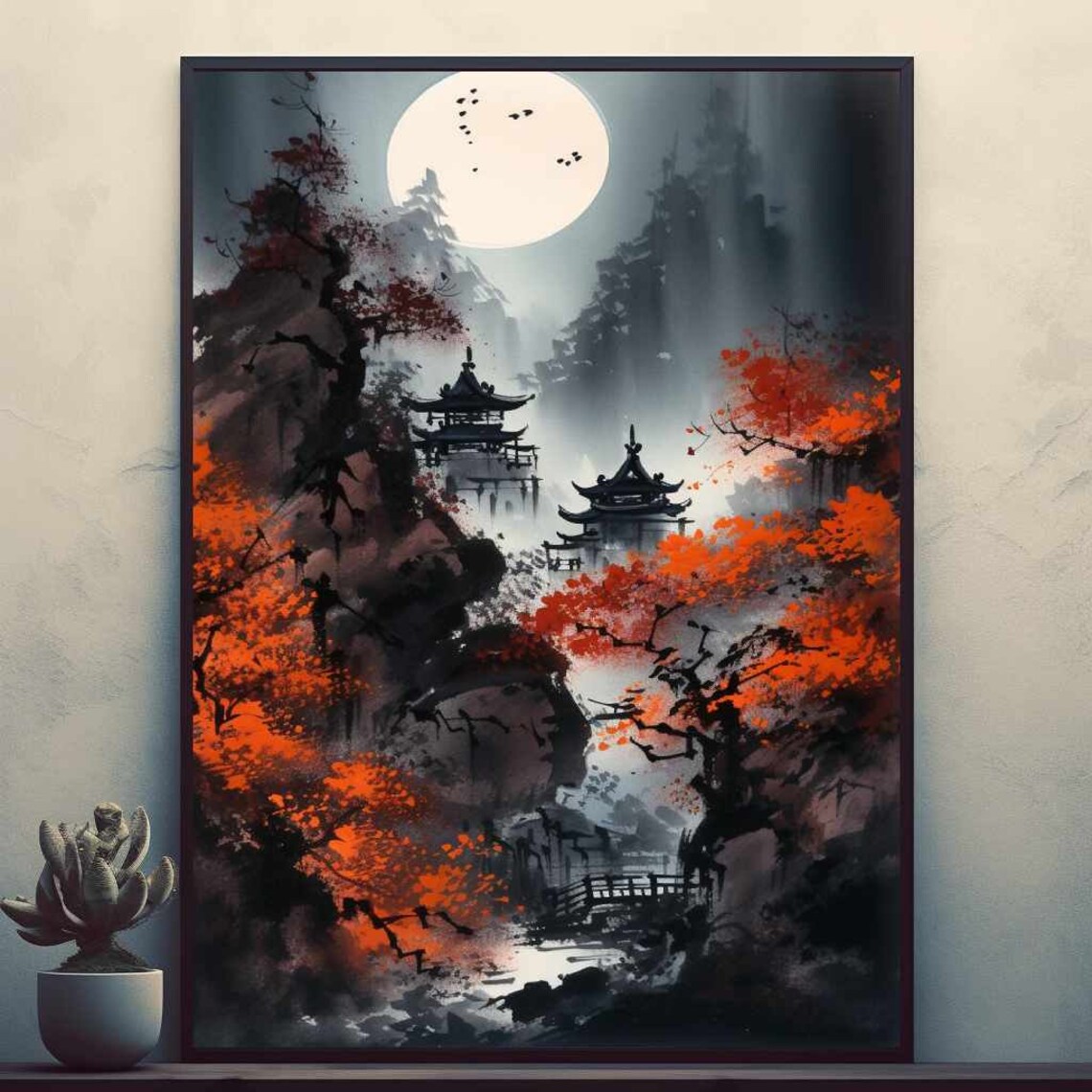Japanese Full Moon Autumn Pagoda Ink Wash Painting Nature Poster