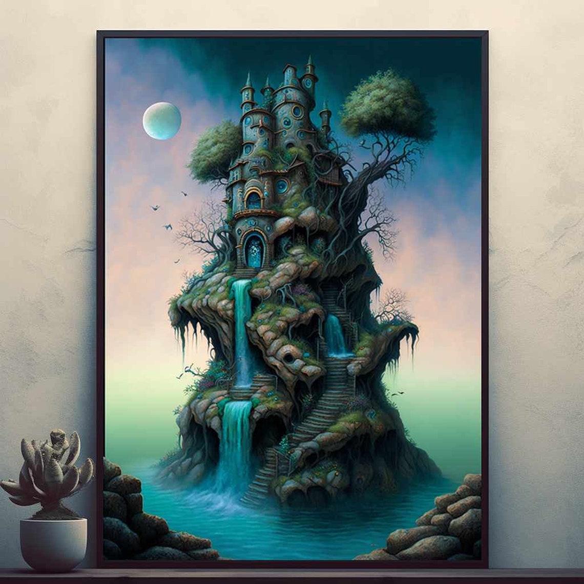 Fantasy Island Tower with Waterfalls Under the Moonlight Poster
