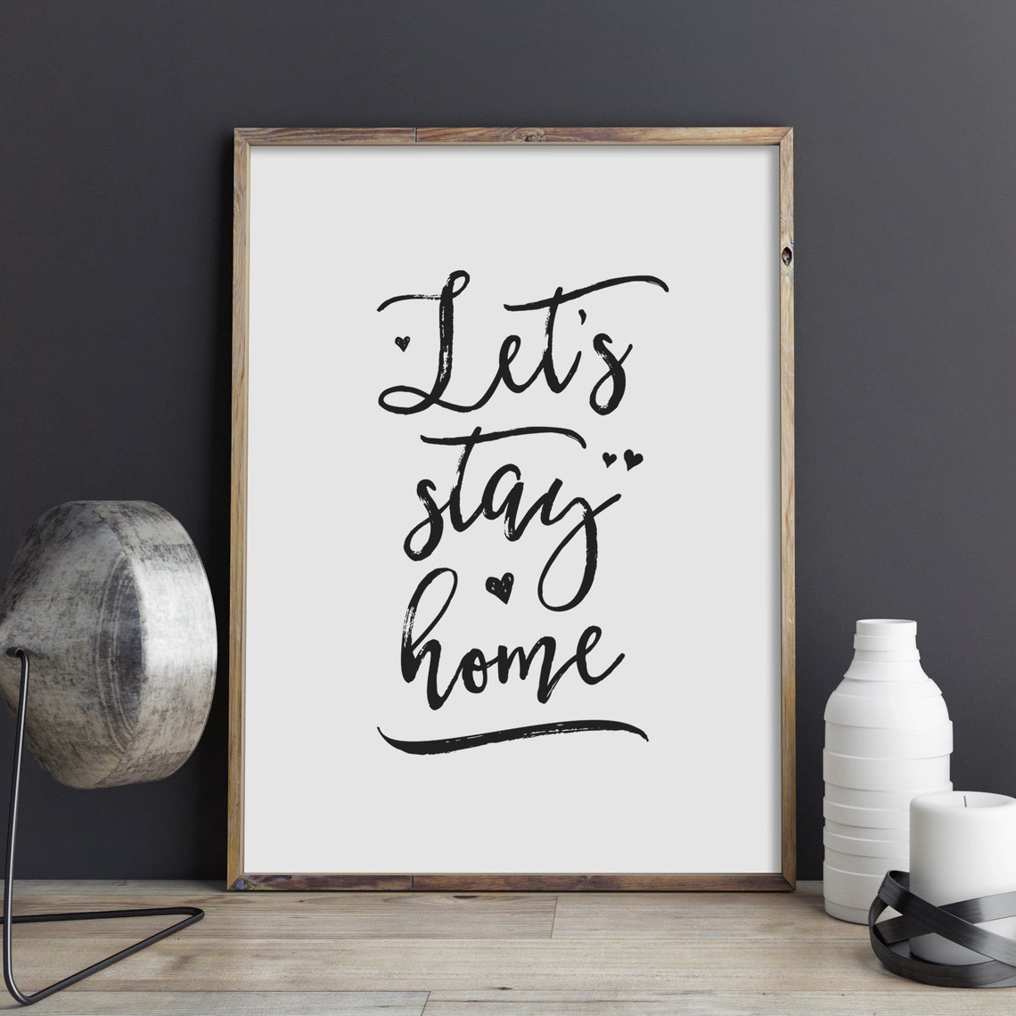 Let's Stay Home Cozy Brush Script Hearts Quote Typography Wall Art - Image 2