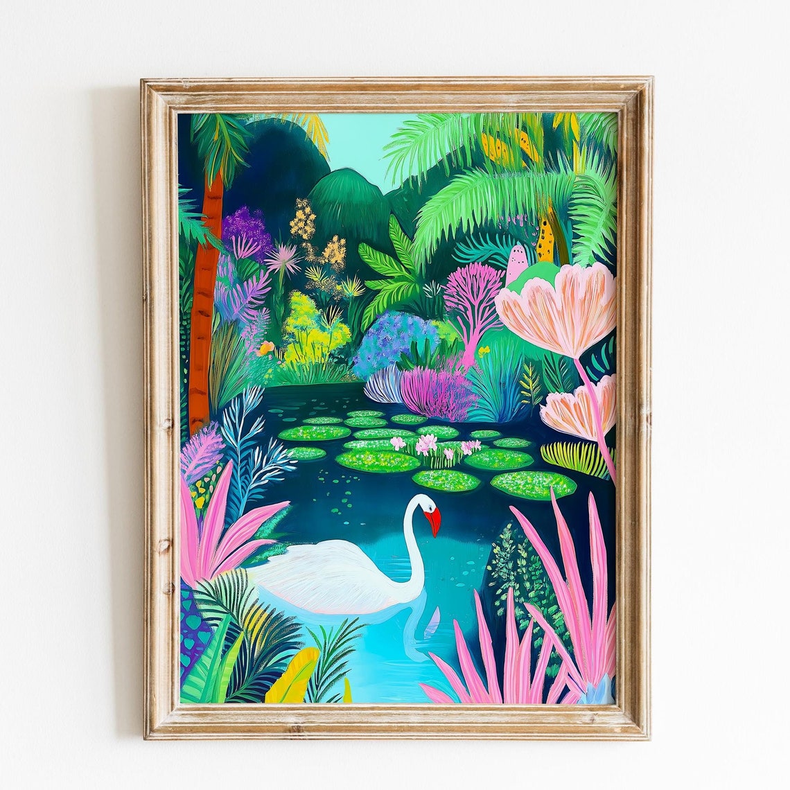 White Swan In A Lush Tropical Jungle Pond Illustration Poster