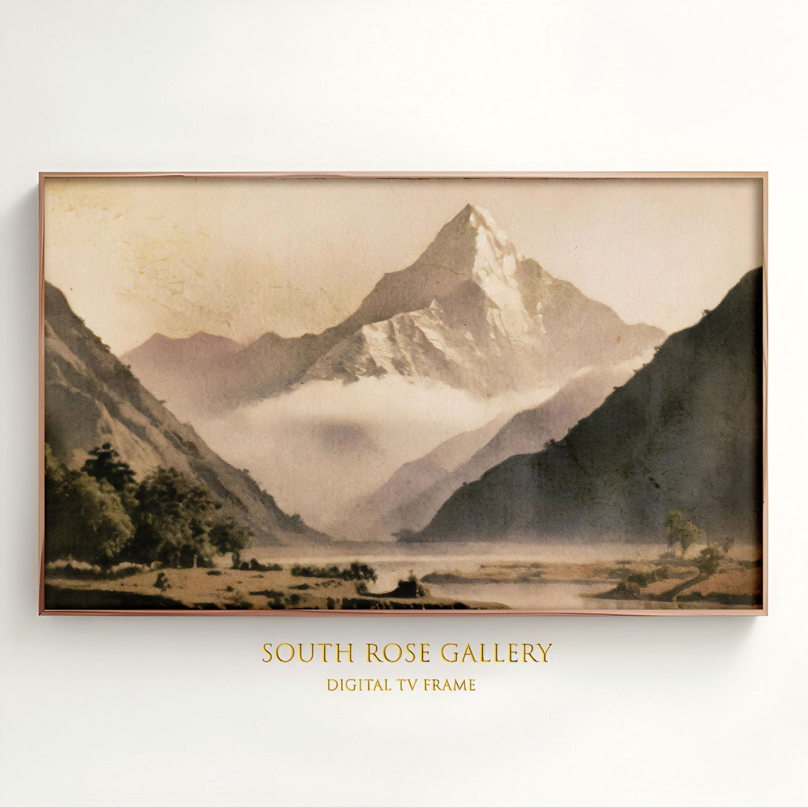 Snowcapped Mountain Peak Mist Warm Sepia Vintage Oil Landscape Poster