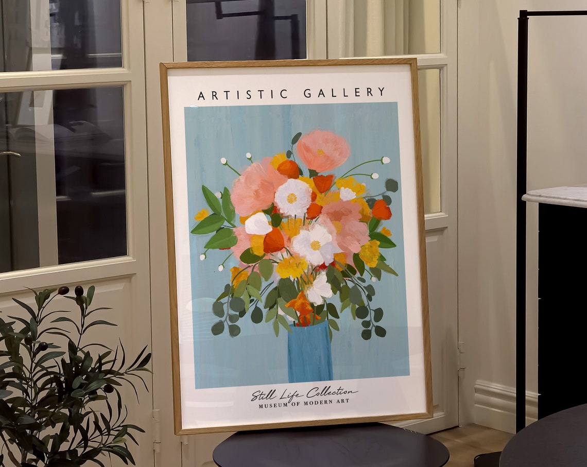 Pink Orange Flower Bouquet Blue Vase Still Life Modern Gallery Poster