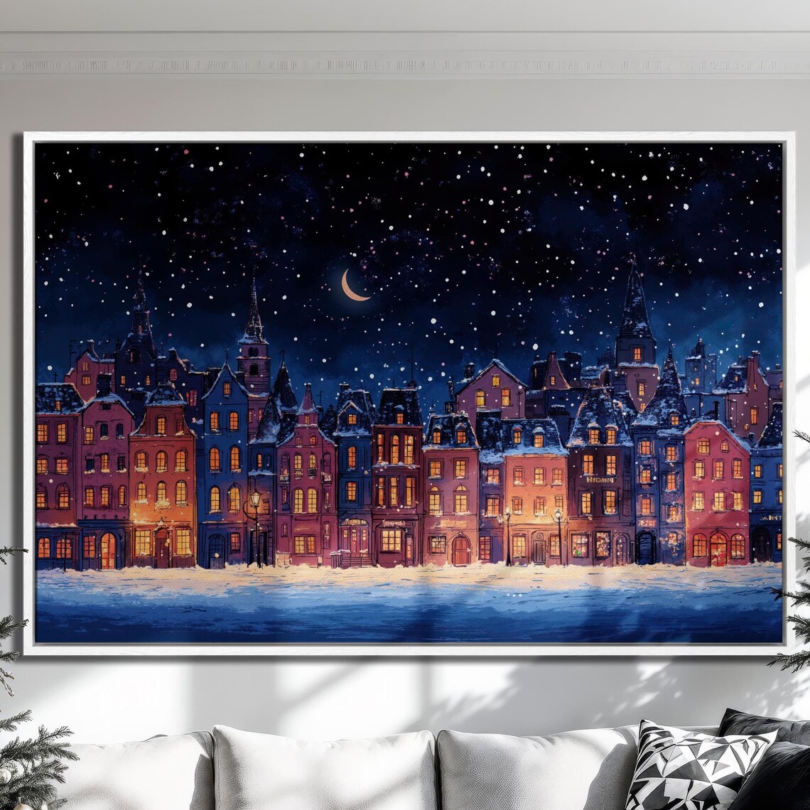 Christmas Snowy Old Town Moonlit Night Street Festive Art Poster