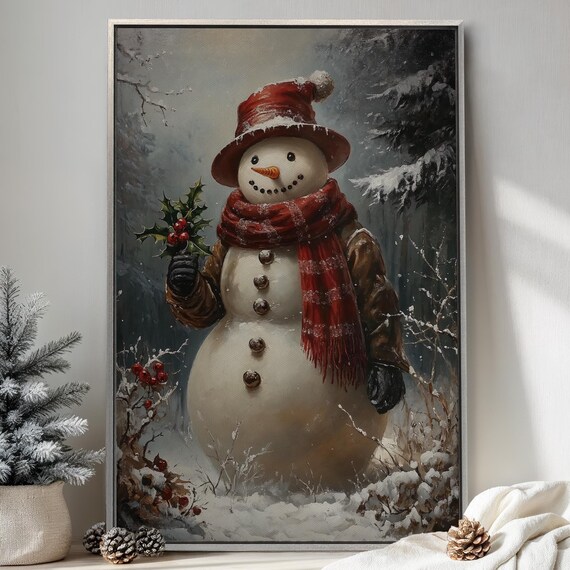 Vintage Snowman With Holly Branch In Snowy Forest Christmas Poster