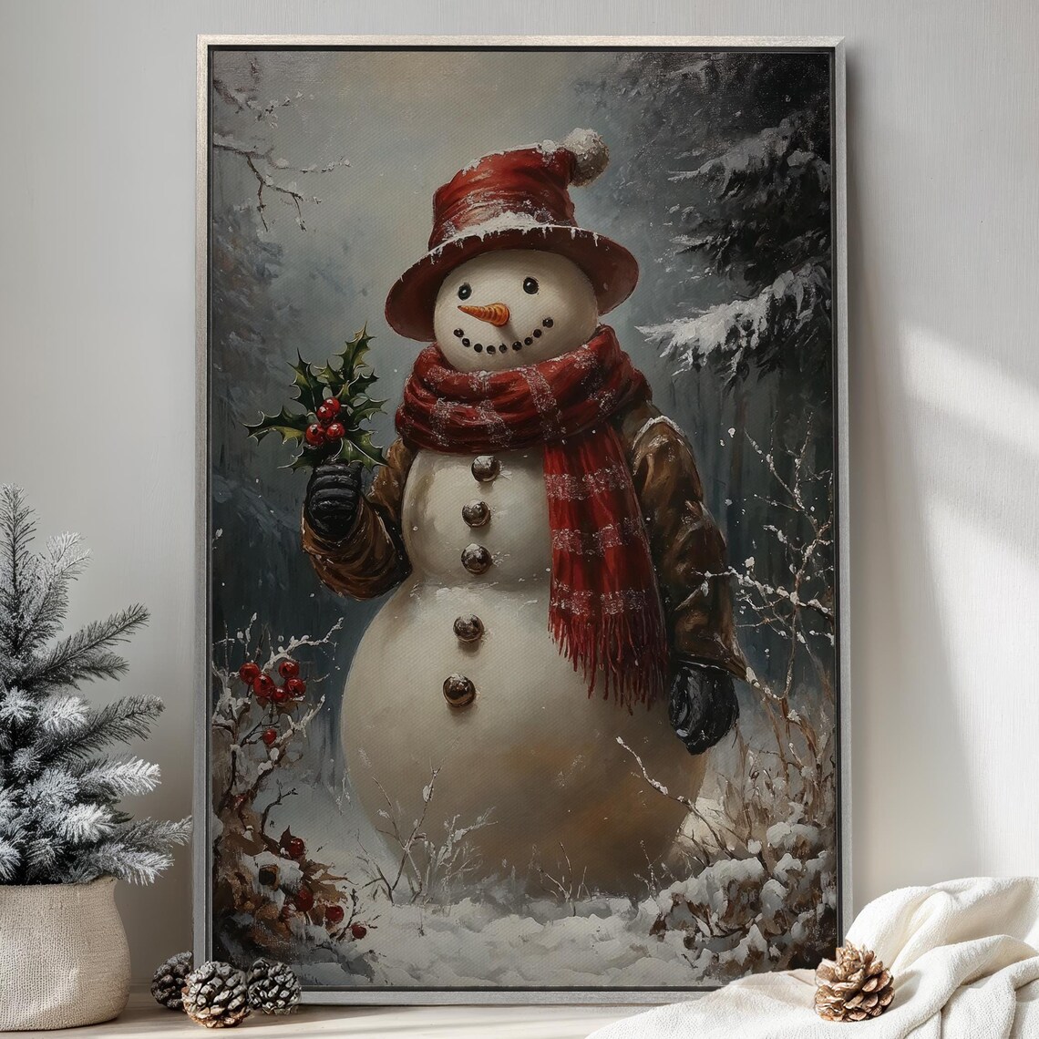 Vintage Snowman With Holly Branch In Snowy Forest Christmas Poster