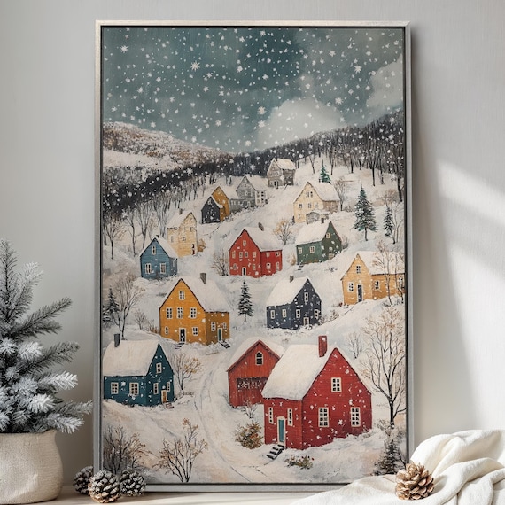 Snowy Village Starry Winter Night Folk Houses Watercolor Poster
