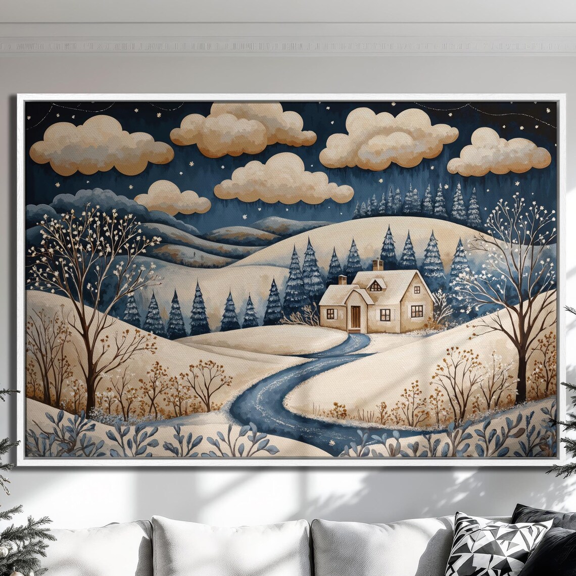 Whimsical Winter Night Snowy Cottage Starry Hills Holiday Art Poster