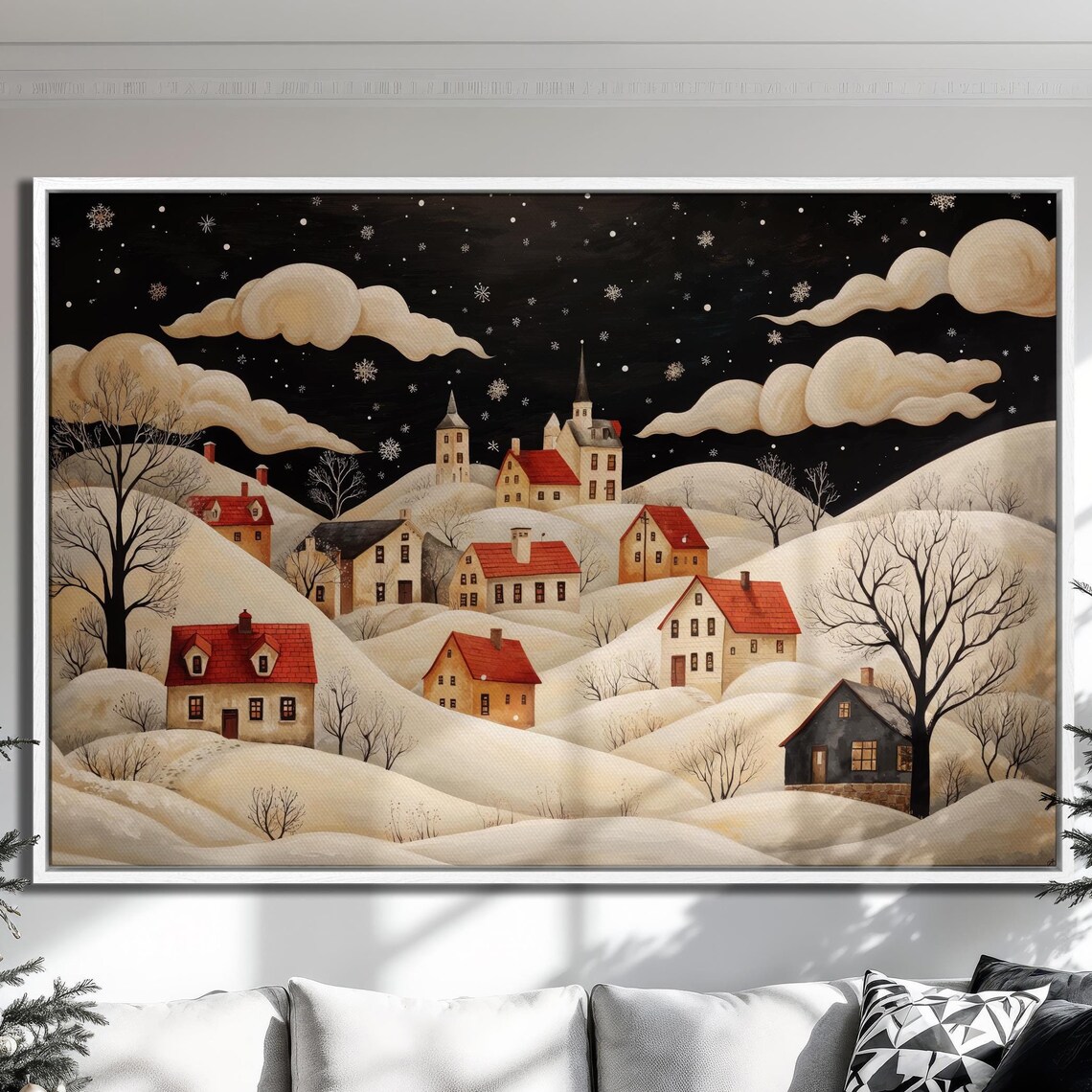 Christmas Village On Snowy Hills Folk Style Winter Night Poster