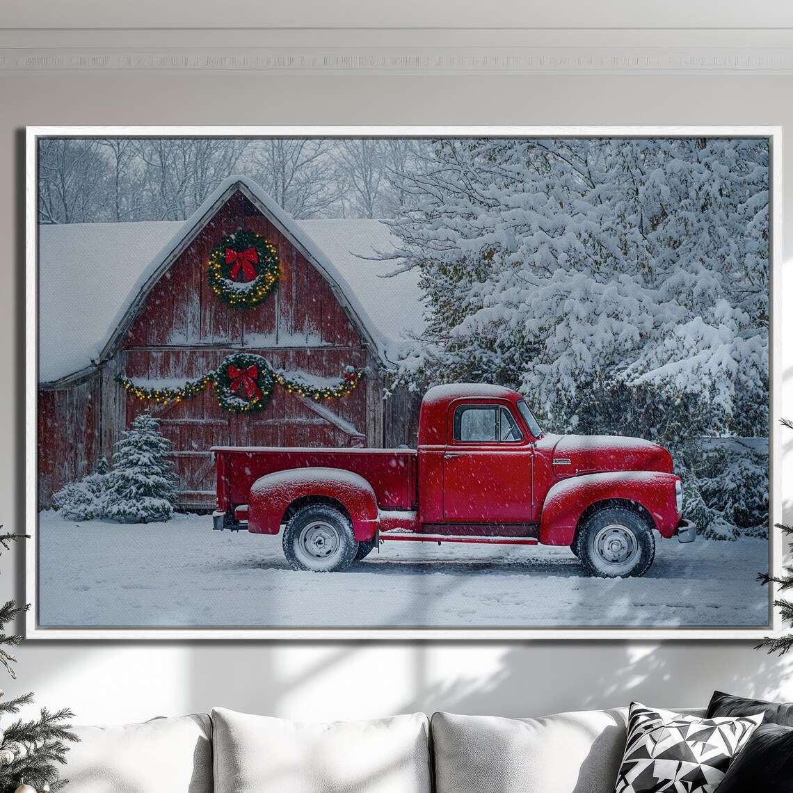 Vintage Red Pickup Truck Poster at Snowy Barn Christmas Winter Scene