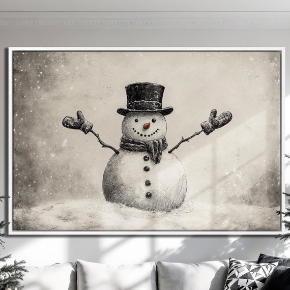 Funny Snowman In Hat Framed Canvas Wall Art Scarf And Mittens Painting Print Christmas Poster Holiday White Black Decor Gift Ready To Hang
