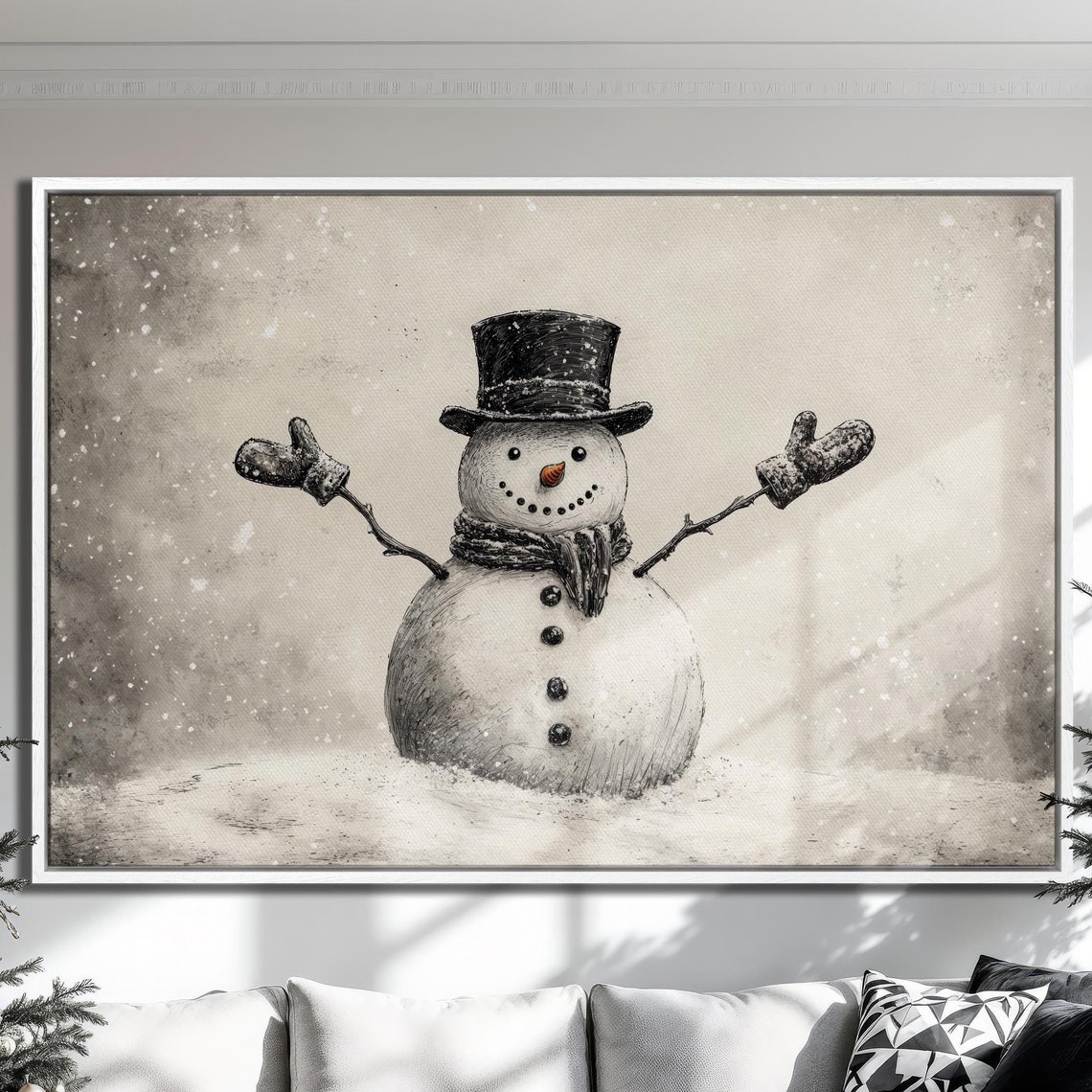 Vintage Snowman In Top Hat Black And White Christmas Art Poster