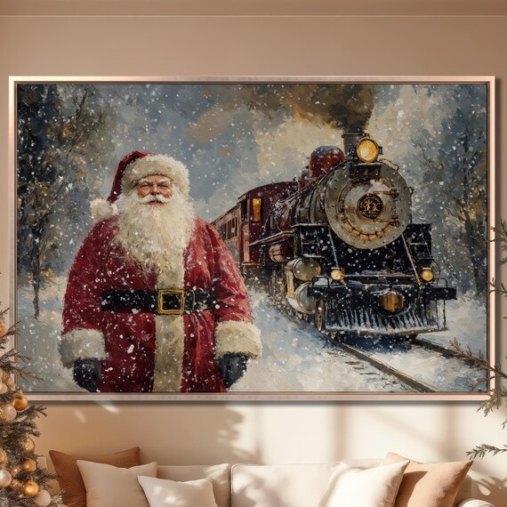 Santa Claus Beside Steam Train In Snow Vintage Christmas Poster