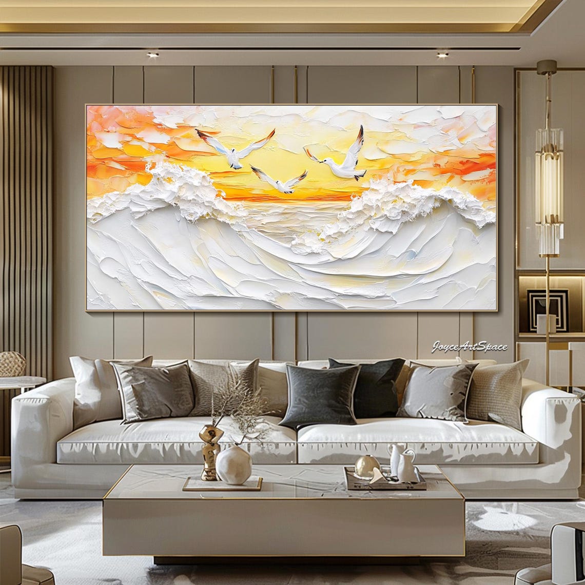 Ocean Waves Seagulls Golden Sunrise 3D Impasto Seascape Wall Art - Image 4