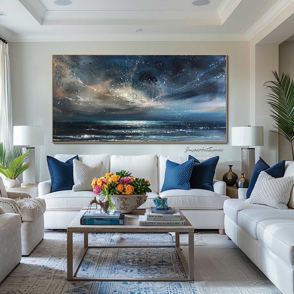 Starry Night Sky Moonlit Ocean Waves Textured 3D Seascape Poster - Image 4