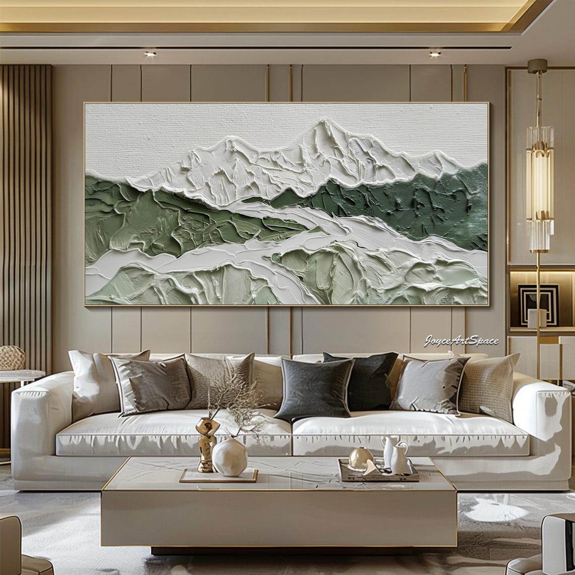 Green Snow Peak Mountains Textured 3D Impasto Landscape Art Poster - Image 4