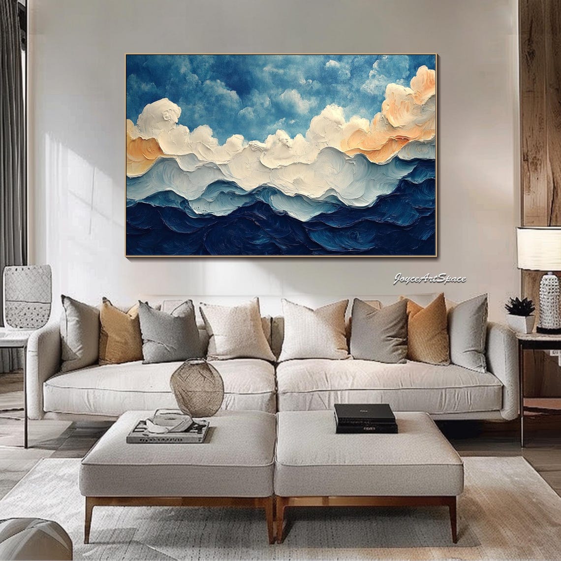 Deep Blue Ocean Waves White Foam Abstract 3D Impasto Wall Art - Image 2