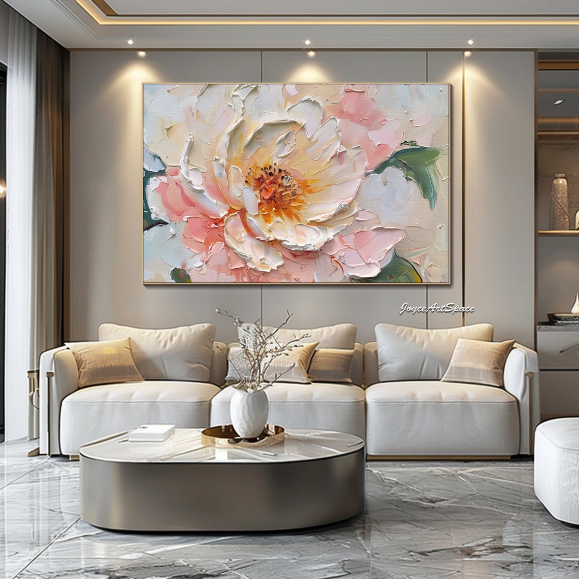 Pink Peony Blossom Close Up Soft Pastel 3D Impasto Floral Wall Art - Image 2