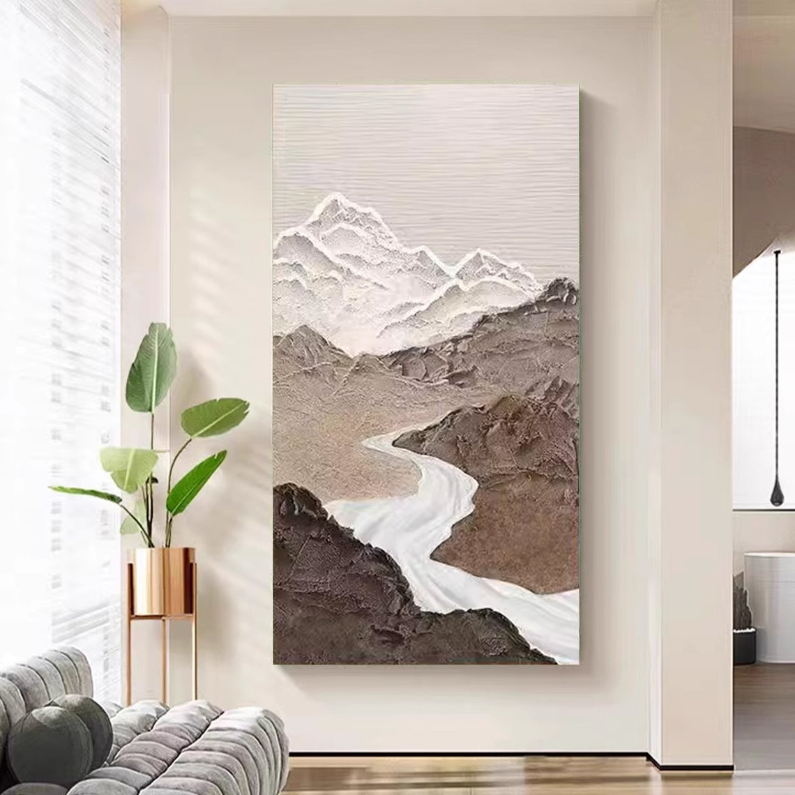 Minimalist Neutral Mountains Winding River 3D Textured Wall Art - Image 2