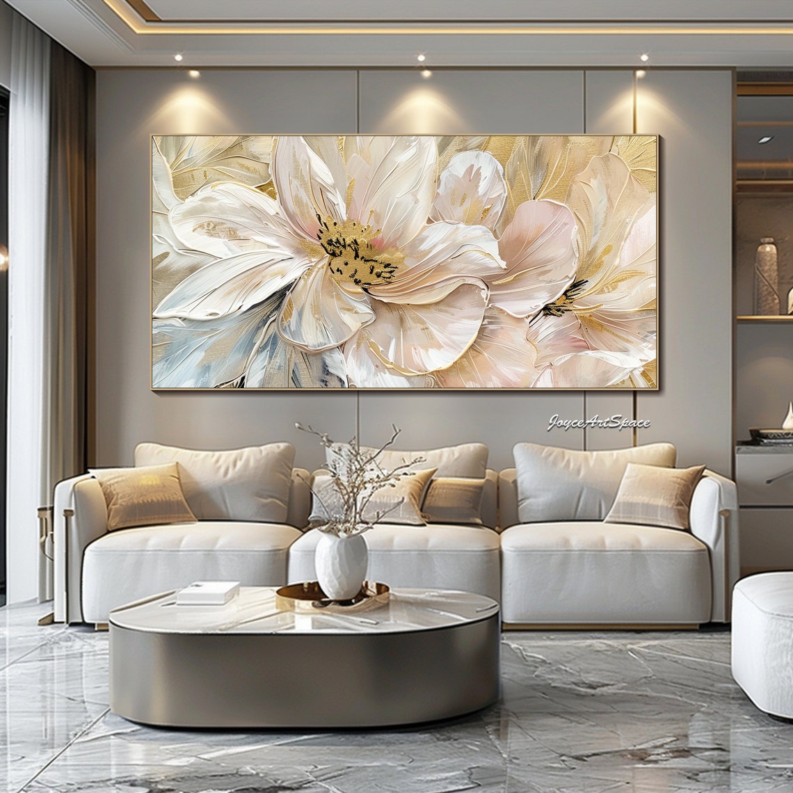 White Gold Floral Close Up Textured 3D Elegant Oil Painting Poster - Image 4