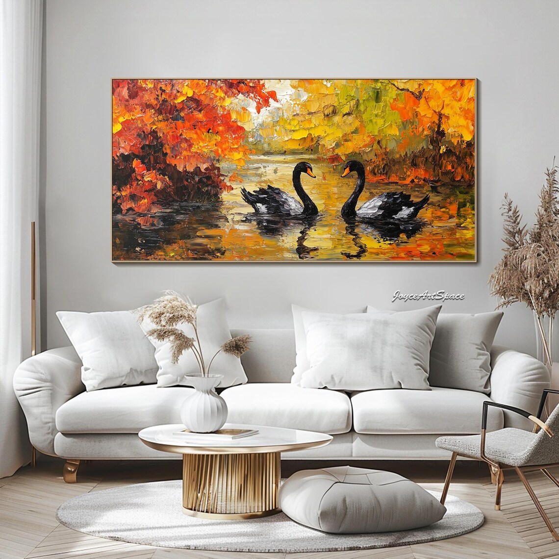 Two Black Swans Autumn Lake Fiery Foliage 3D Impasto Wall Art - Image 4