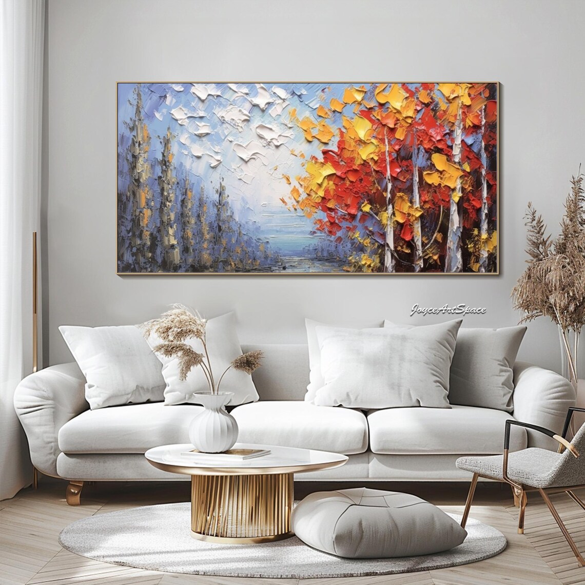 Autumn Trees Red Orange Foliage Misty Blue Forest Impasto Wall Art - Image 5