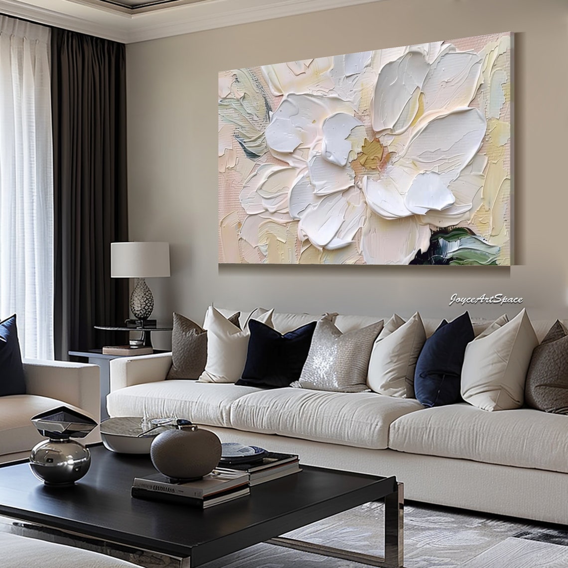 White Flower Close Up Soft Cream Pink 3D Impasto Floral Wall Art - Image 5