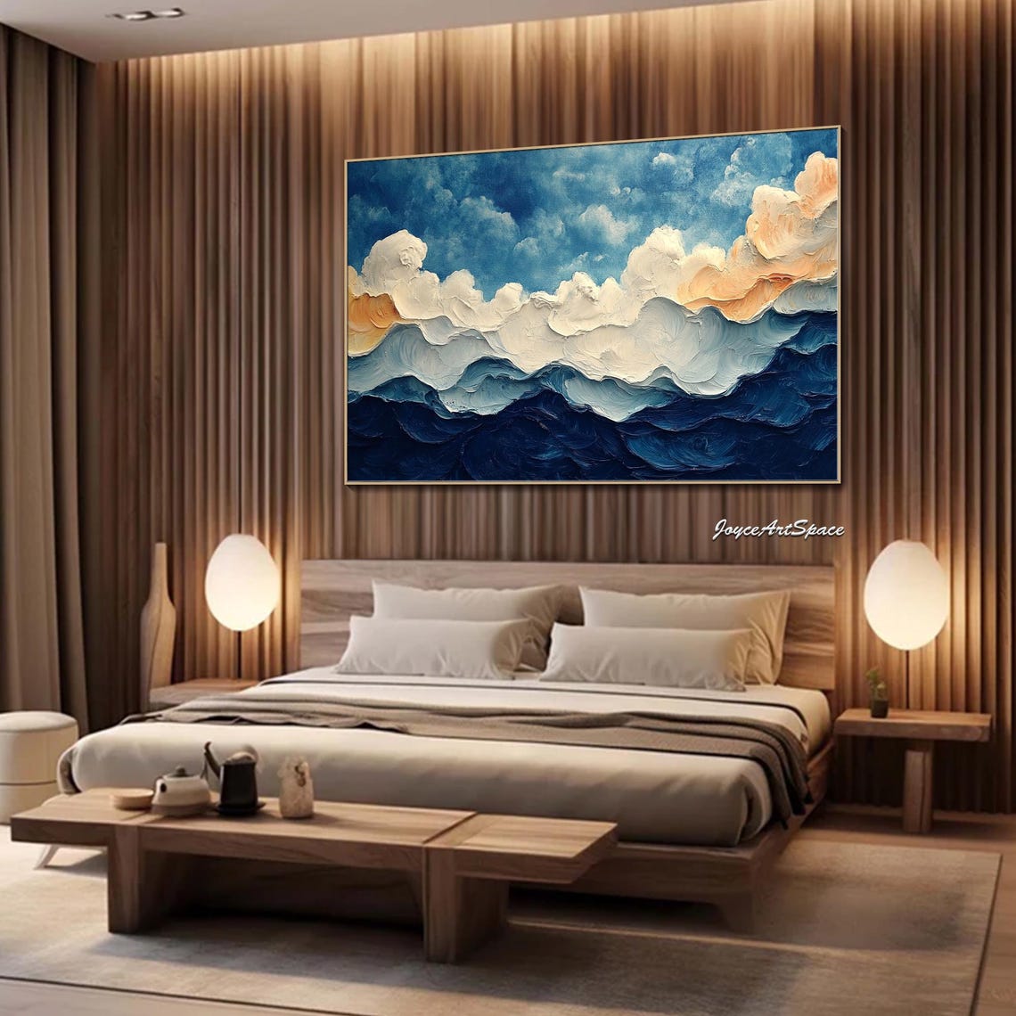 Deep Blue Ocean Waves White Foam Abstract 3D Impasto Wall Art - Image 3