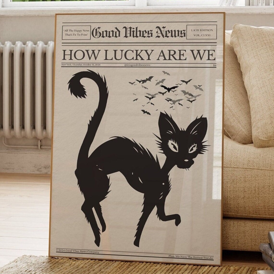 How Lucky Are We Newspaper Poster Gothic Black Cat Bats Halloween Artwork - Image 2