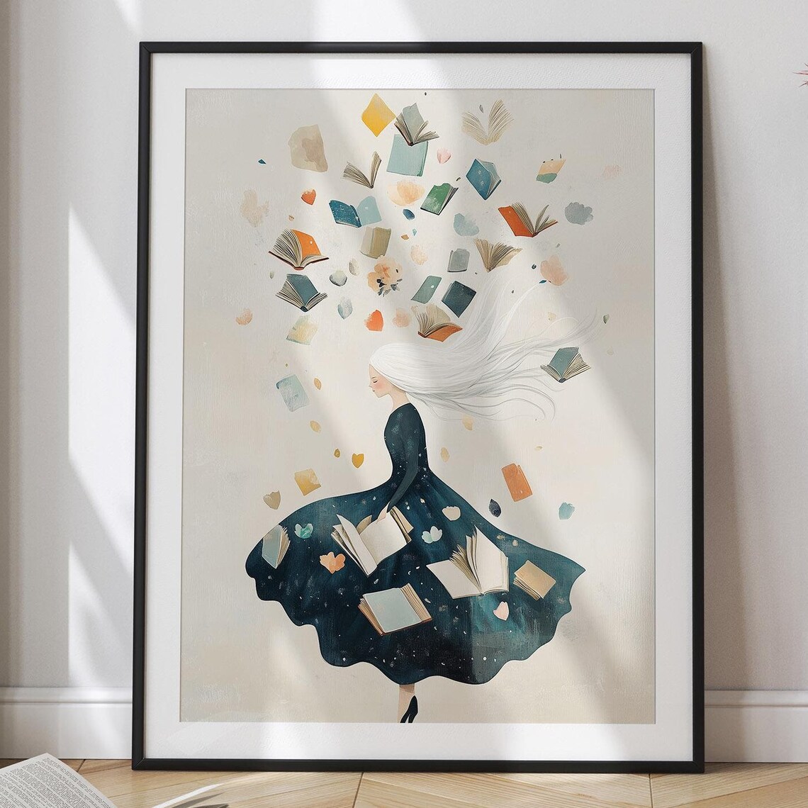 Dreamy Woman with Swirling Books Whimsical Reading Art Poster